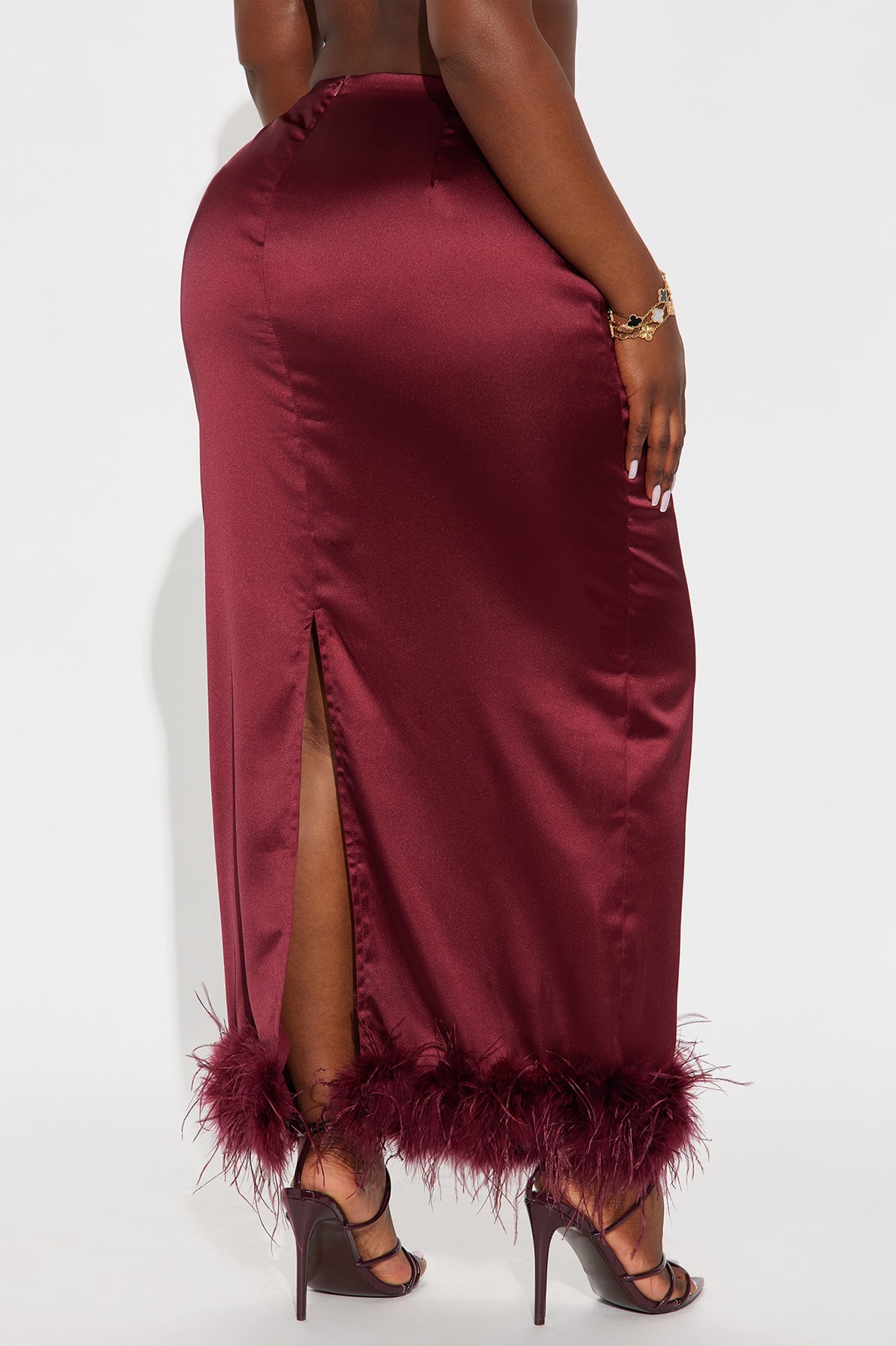 Keep It Classy Satin Feathered Maxi Skirt - Burgundy