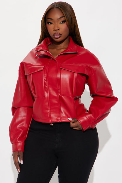 No Hard Feelings Faux Leather Cropped Bomber Jacket - DarkRed