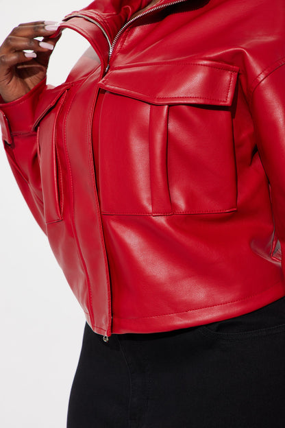No Hard Feelings Faux Leather Cropped Bomber Jacket - DarkRed