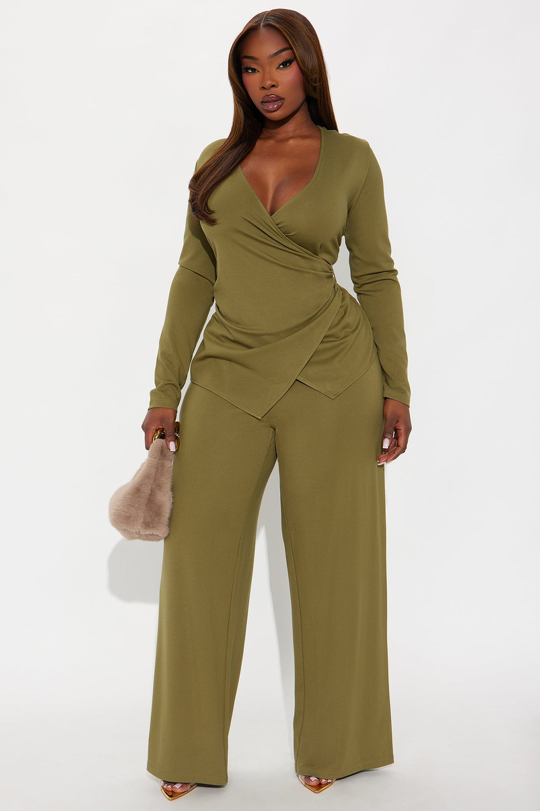 Helena Wrap Top And Wide Leg Pant Set - Olive