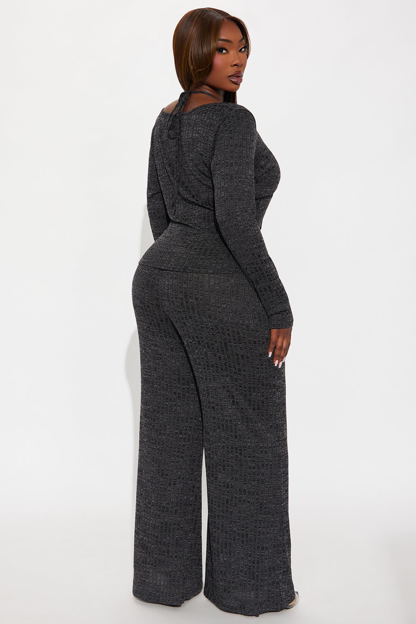 Tempting Fate Lace Bra Ribbed Pant Set - Charcoal