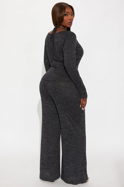 Tempting Fate Lace Bra Ribbed Pant Set - Charcoal