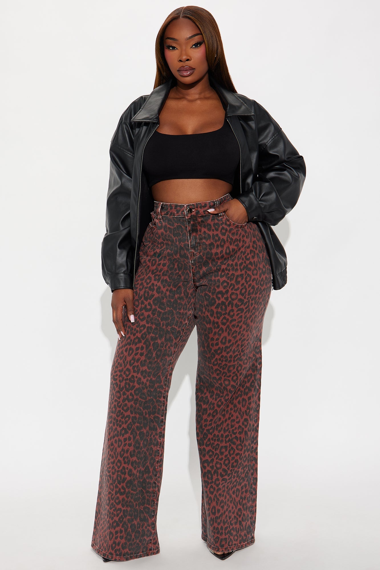 Fierce Attitude Leopard Print Wide Leg Jeans - Burgundy/combo