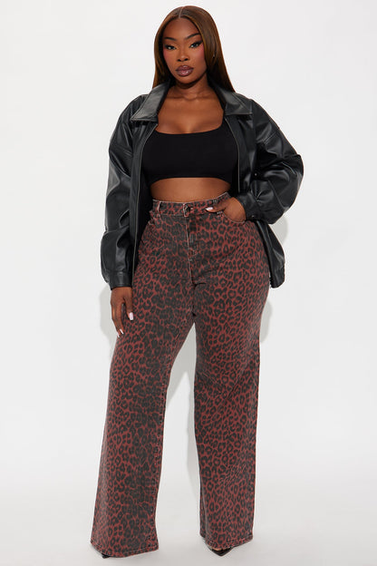 Fierce Attitude Leopard Print Wide Leg Jeans - Burgundy/combo