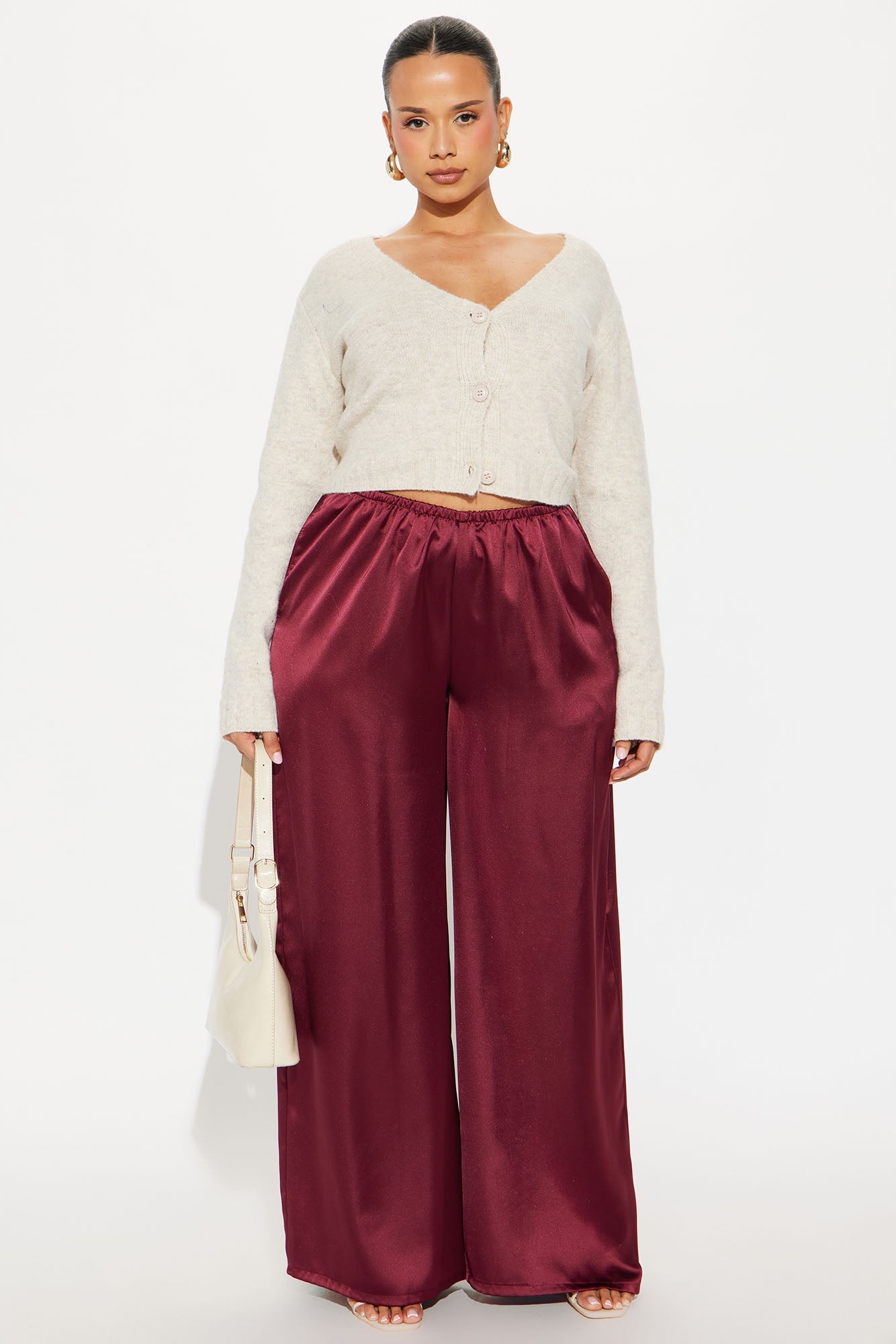 Shine On Satin Wide Leg Pant 32″ - Burgundy