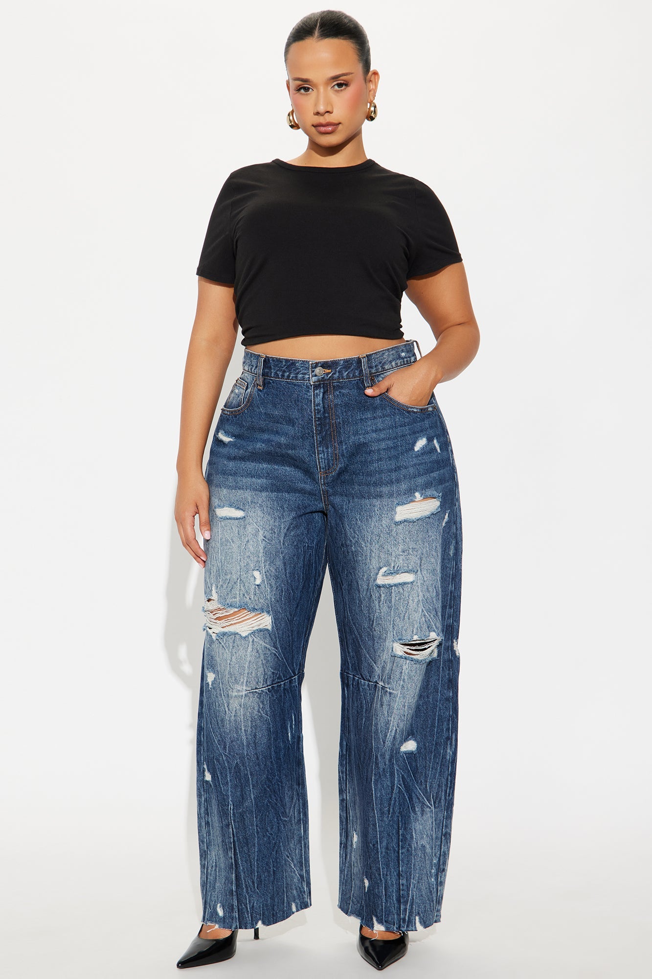 Bexy Destructed Barrel Wide Leg Jeans - Dark Wash