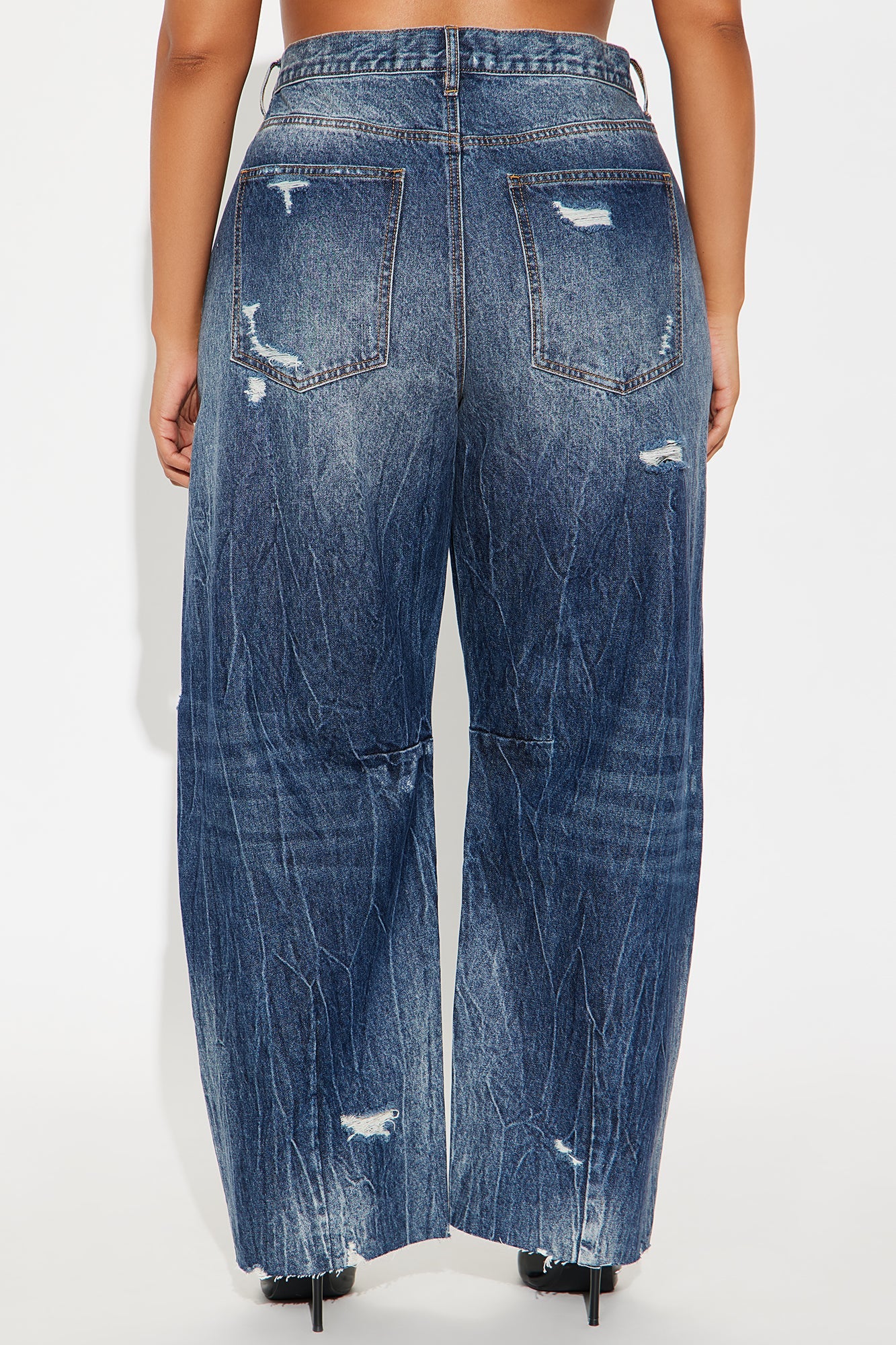Bexy Destructed Barrel Wide Leg Jeans - Dark Wash