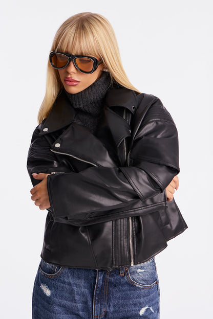 Bet On Me Oversized Faux Leather Moto Jacket - Black