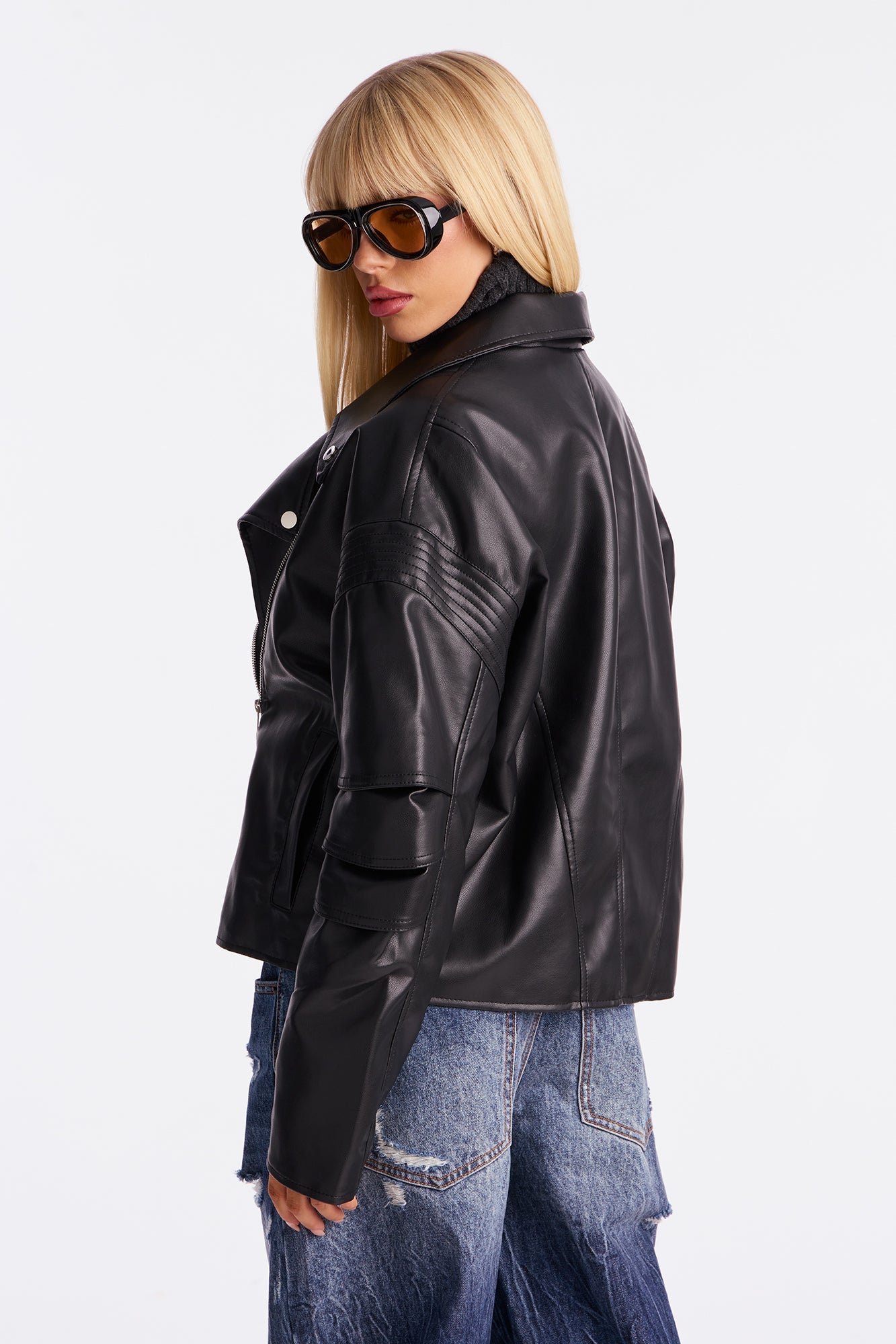Bet On Me Oversized Faux Leather Moto Jacket - Black