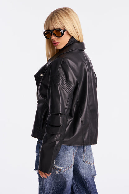 Bet On Me Oversized Faux Leather Moto Jacket - Black