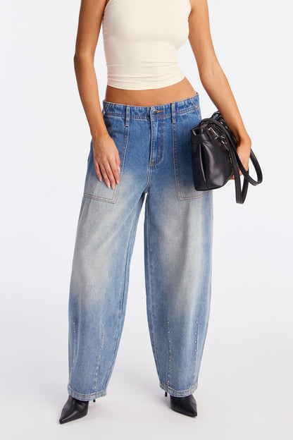 A Little Spark Studded Baggy Jeans - Medium Wash