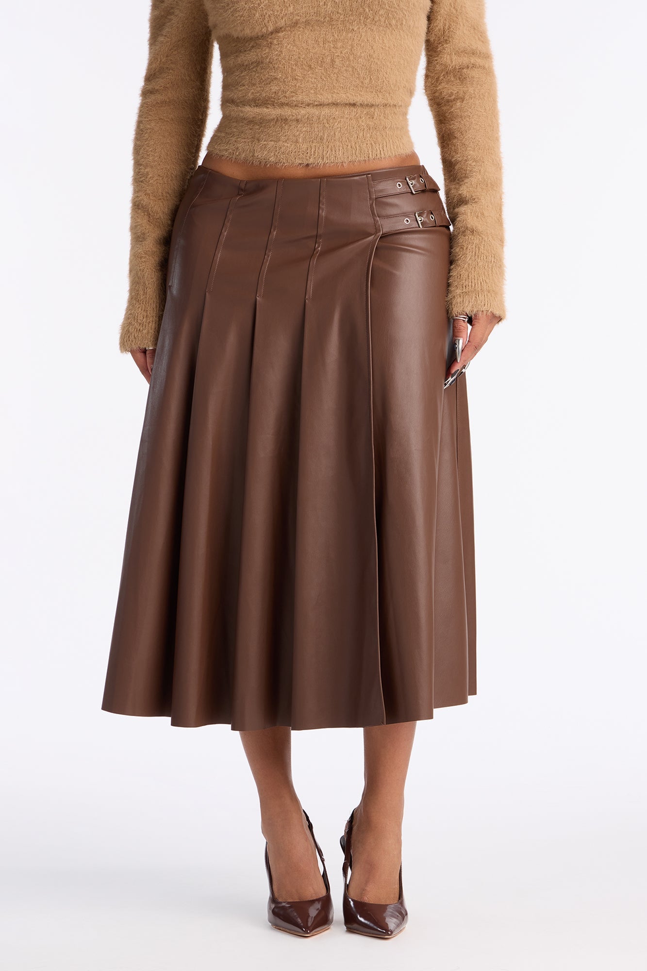 Kylie Belted Faux Leather Midi Skirt - Cognac