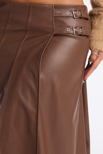 Kylie Belted Faux Leather Midi Skirt - Cognac