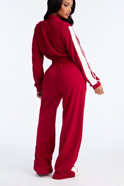 Sporty Vibe Long Sleeve Jumpsuit - Red