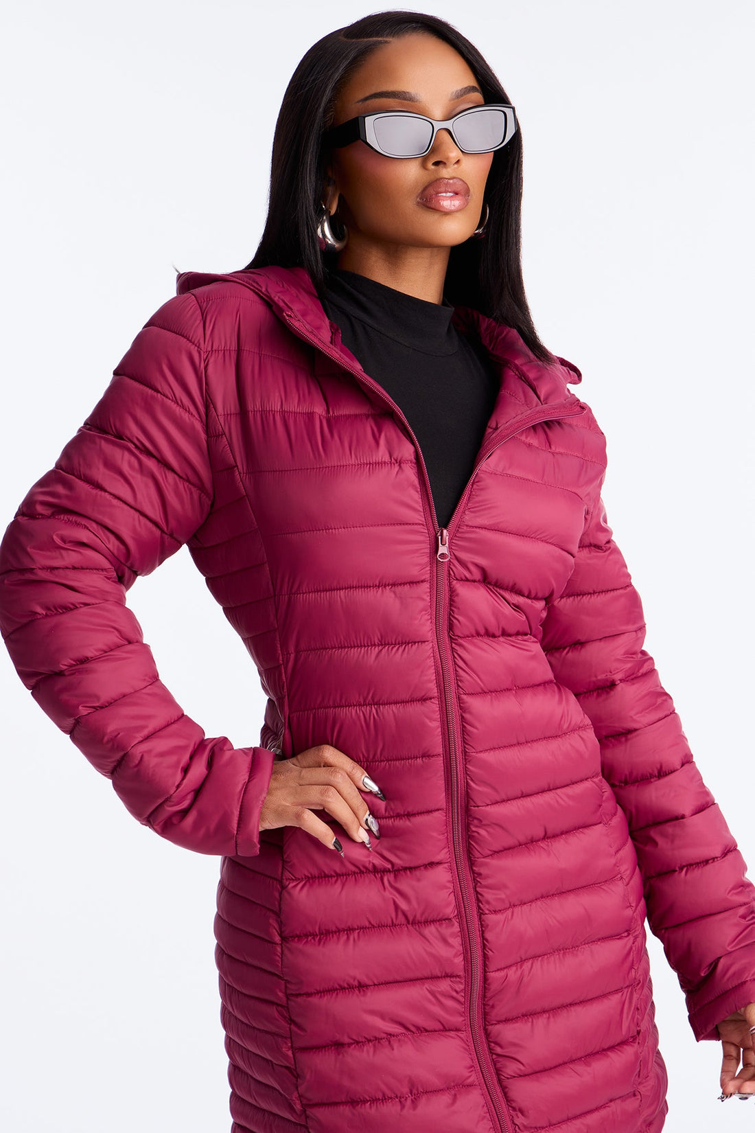Padded Landing Puffer Coat - Burgundy
