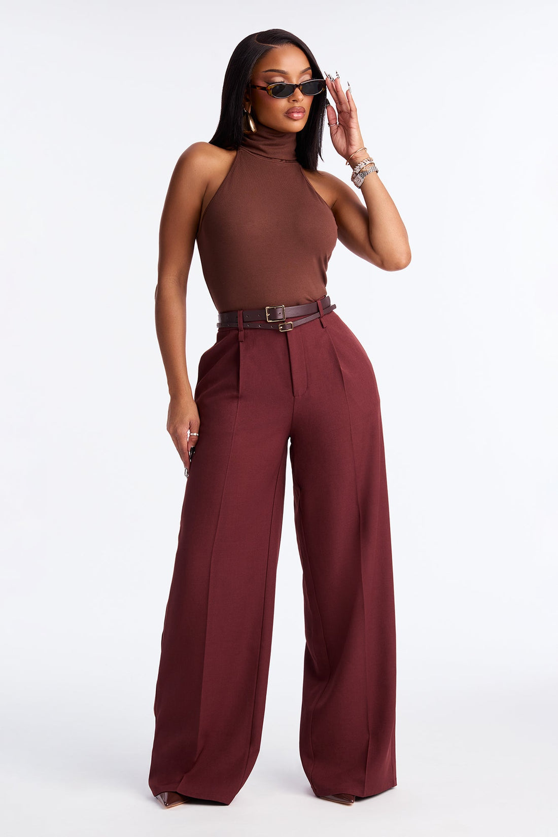 Geraldine Belted Wide Leg Trousers 33″ - Wine