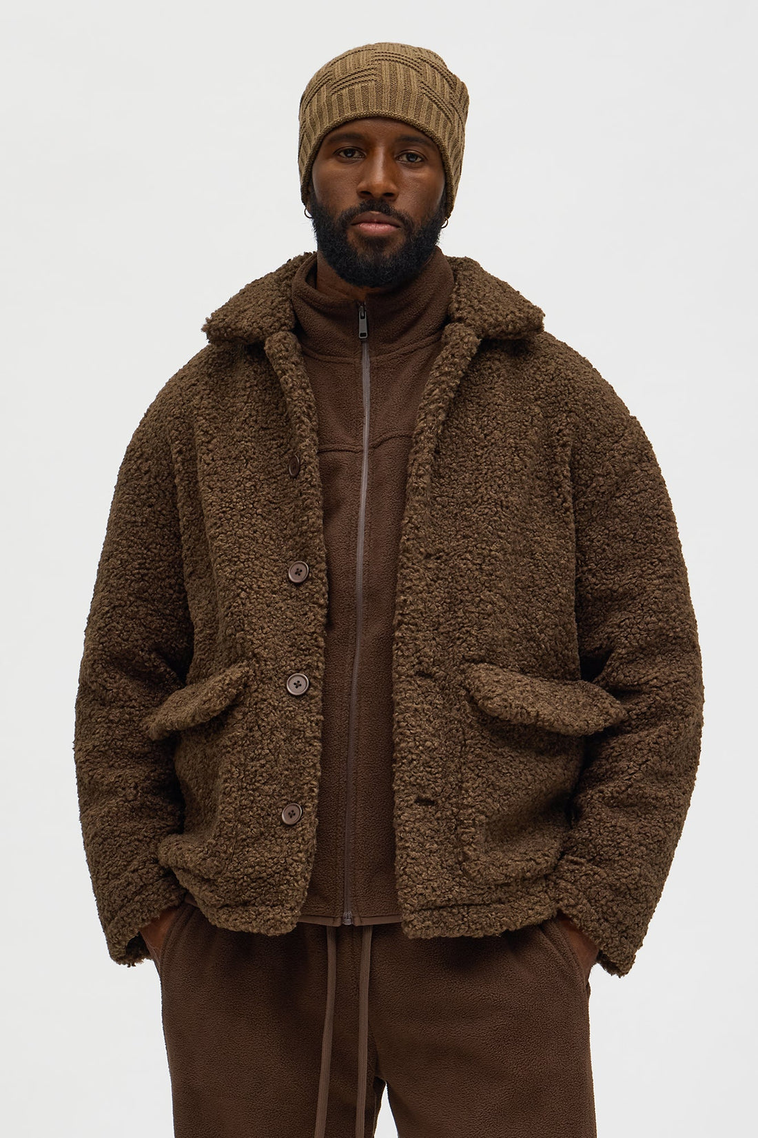 Relaxed Elevated Textured Sherpa Coat - Brown