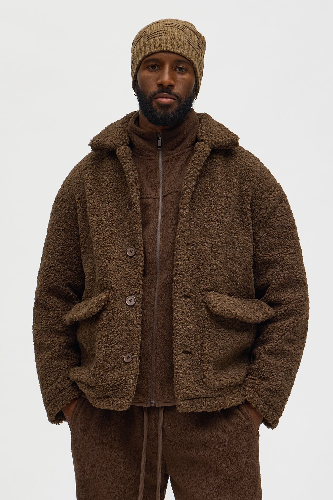 Relaxed Elevated Textured Sherpa Coat - Brown