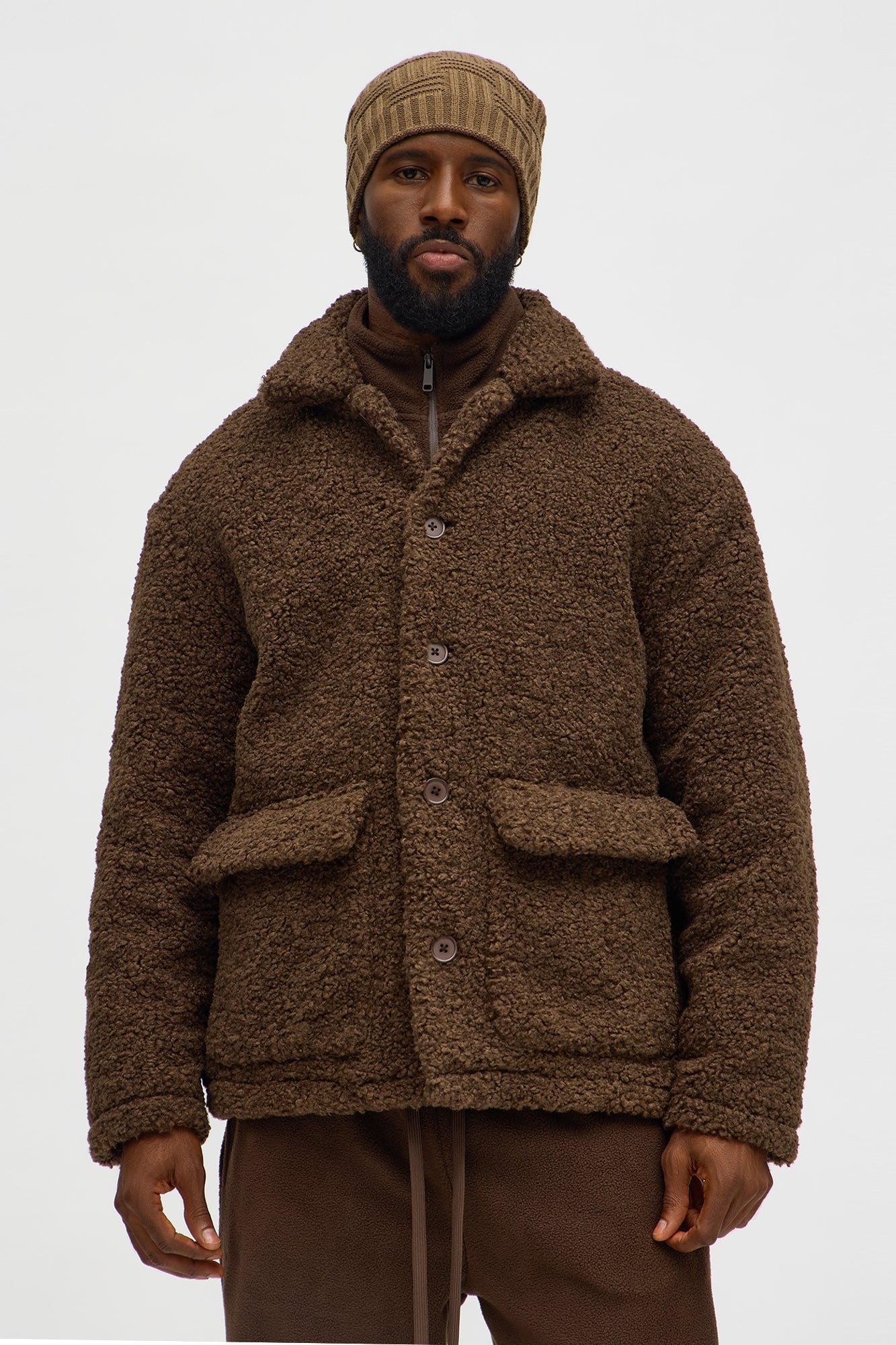 Relaxed Elevated Textured Sherpa Coat - Brown
