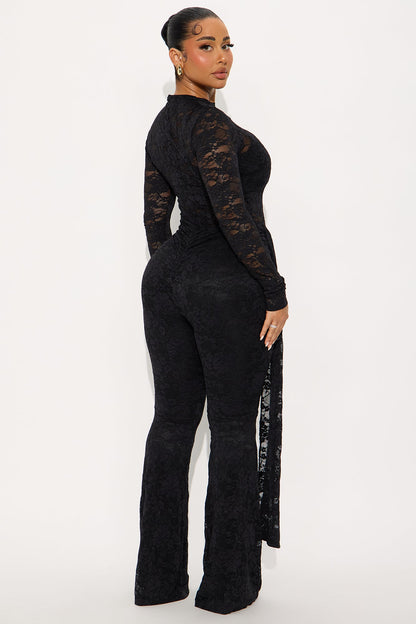 Made You Look Draped Lace Jumpsuit - Black