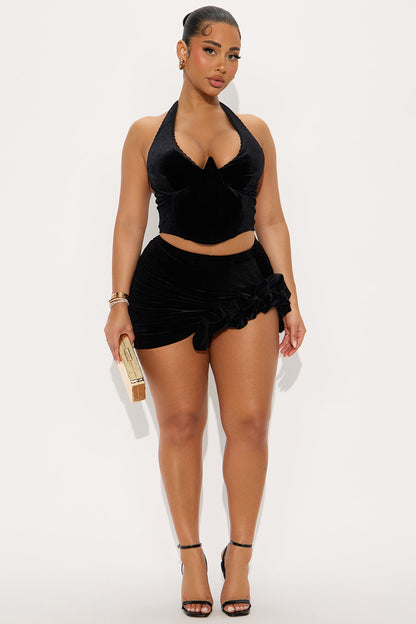 Holiday Romance Ruffle Velvet Mini Skirt - Black