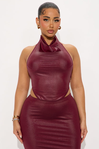 Sasha Faux Leather Halter Maxi Skirt Set - Burgundy