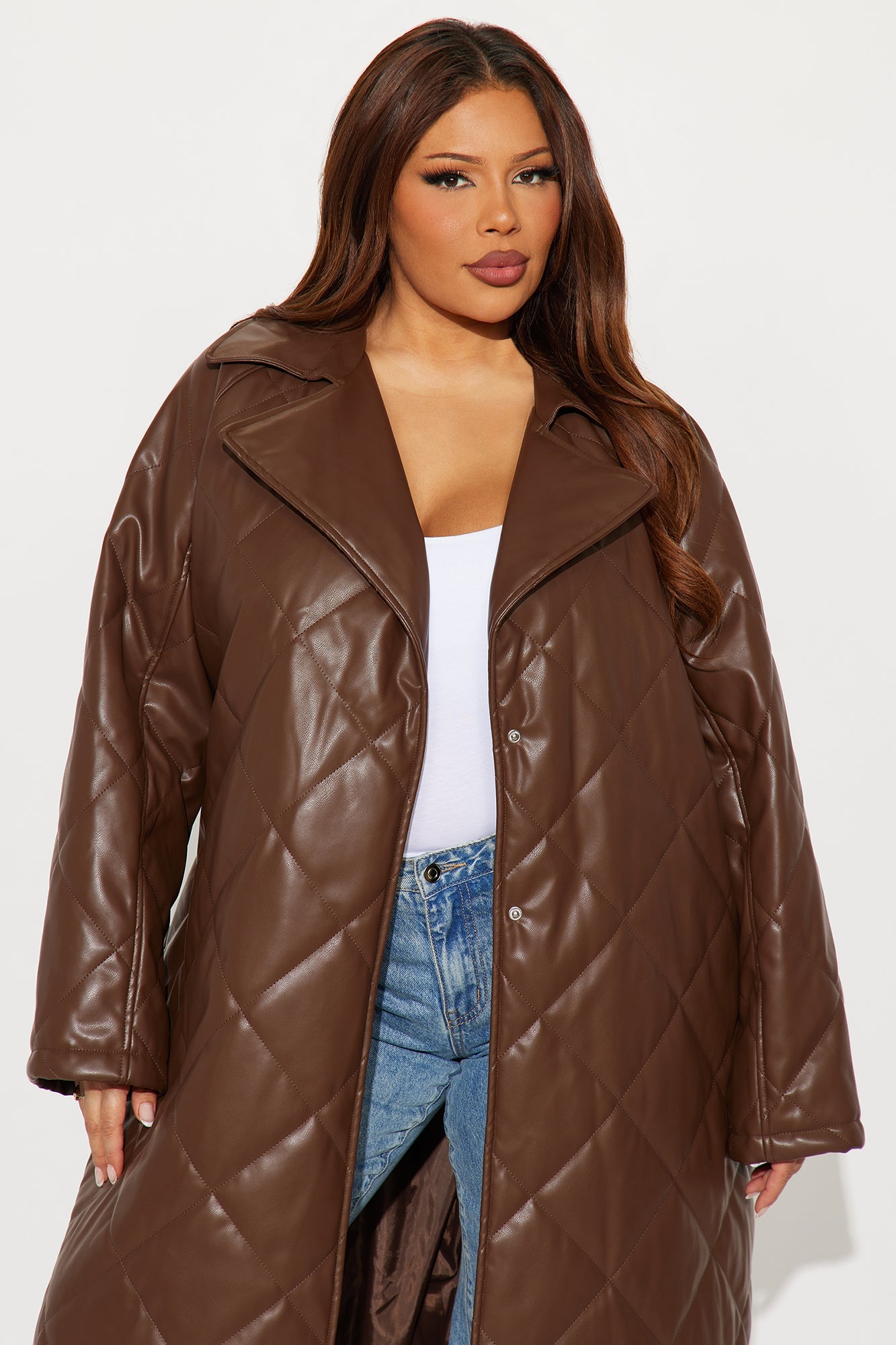 Fabiola Quilted Faux Leather Trench Coat - Brown