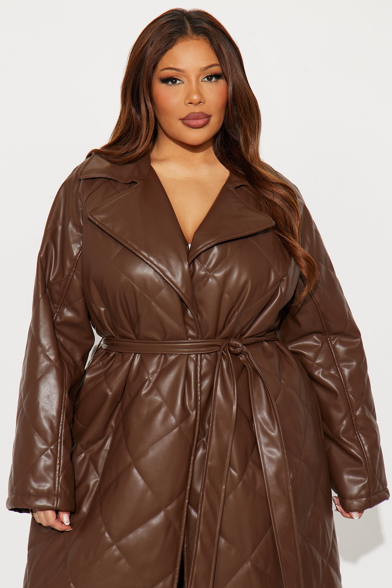 Fabiola Quilted Faux Leather Trench Coat - Brown