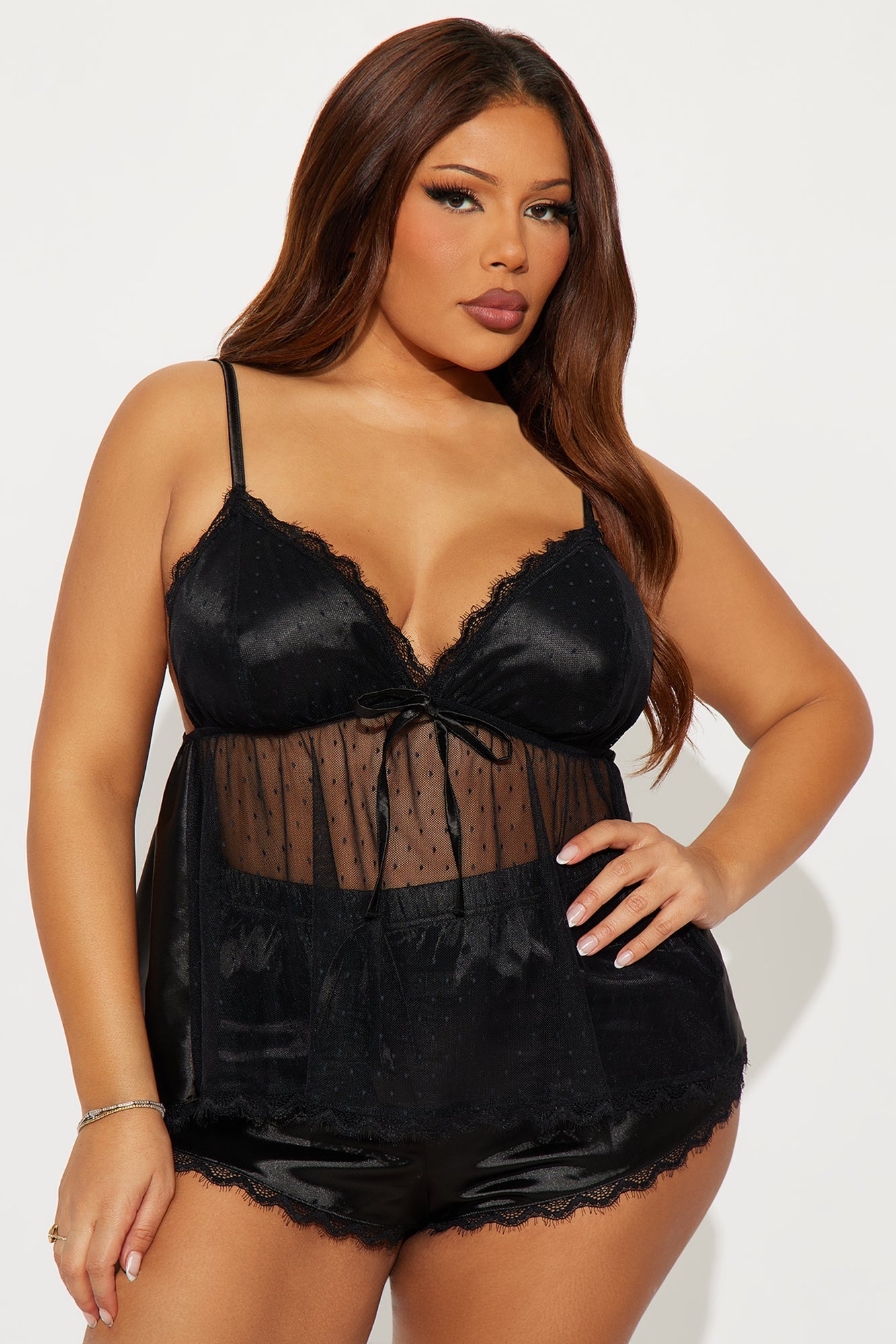 Lyra Satin 2 Piece Babydoll Top &amp; Short Set - Black