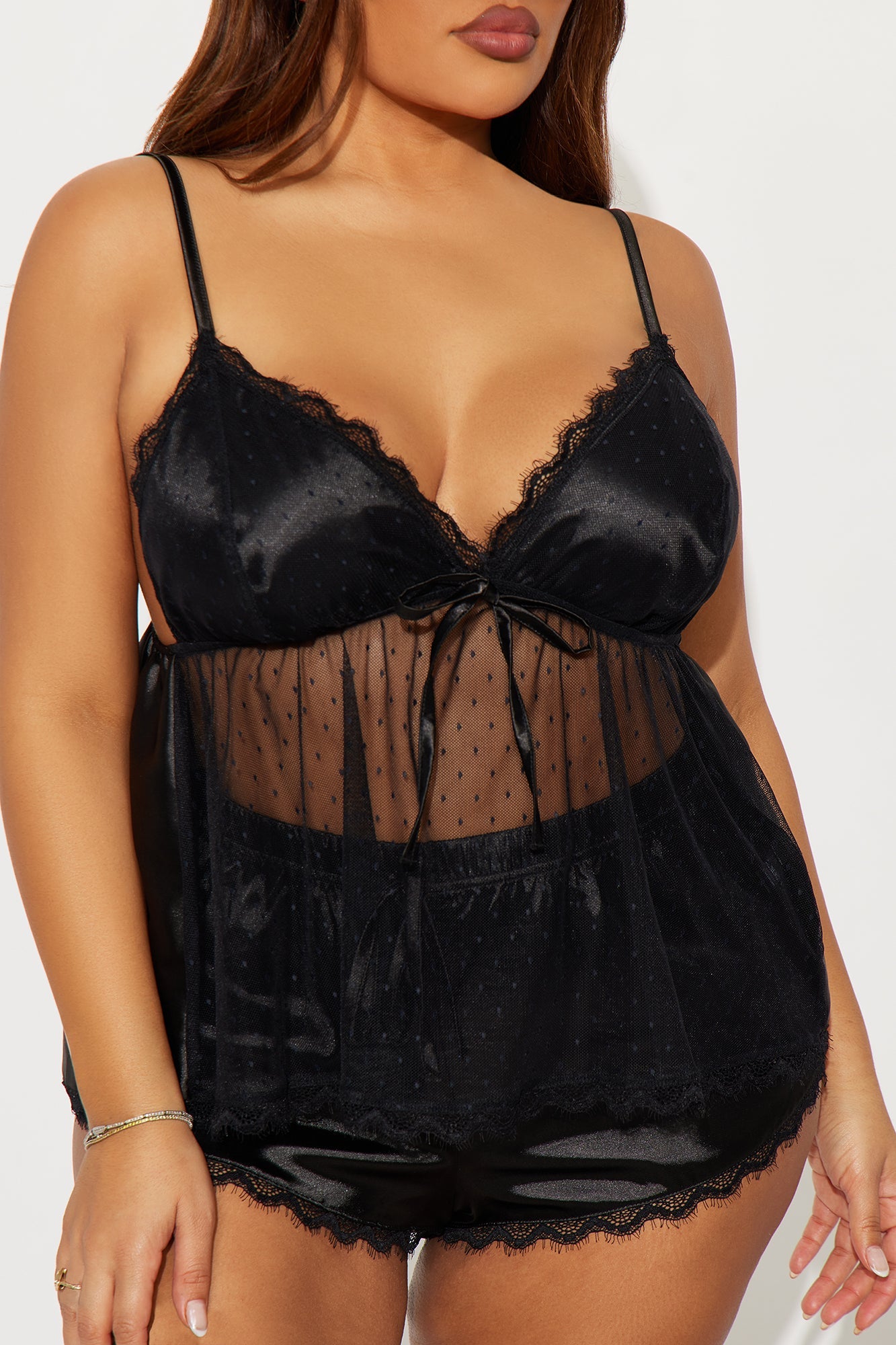 Lyra Satin 2 Piece Babydoll Top &amp; Short Set - Black
