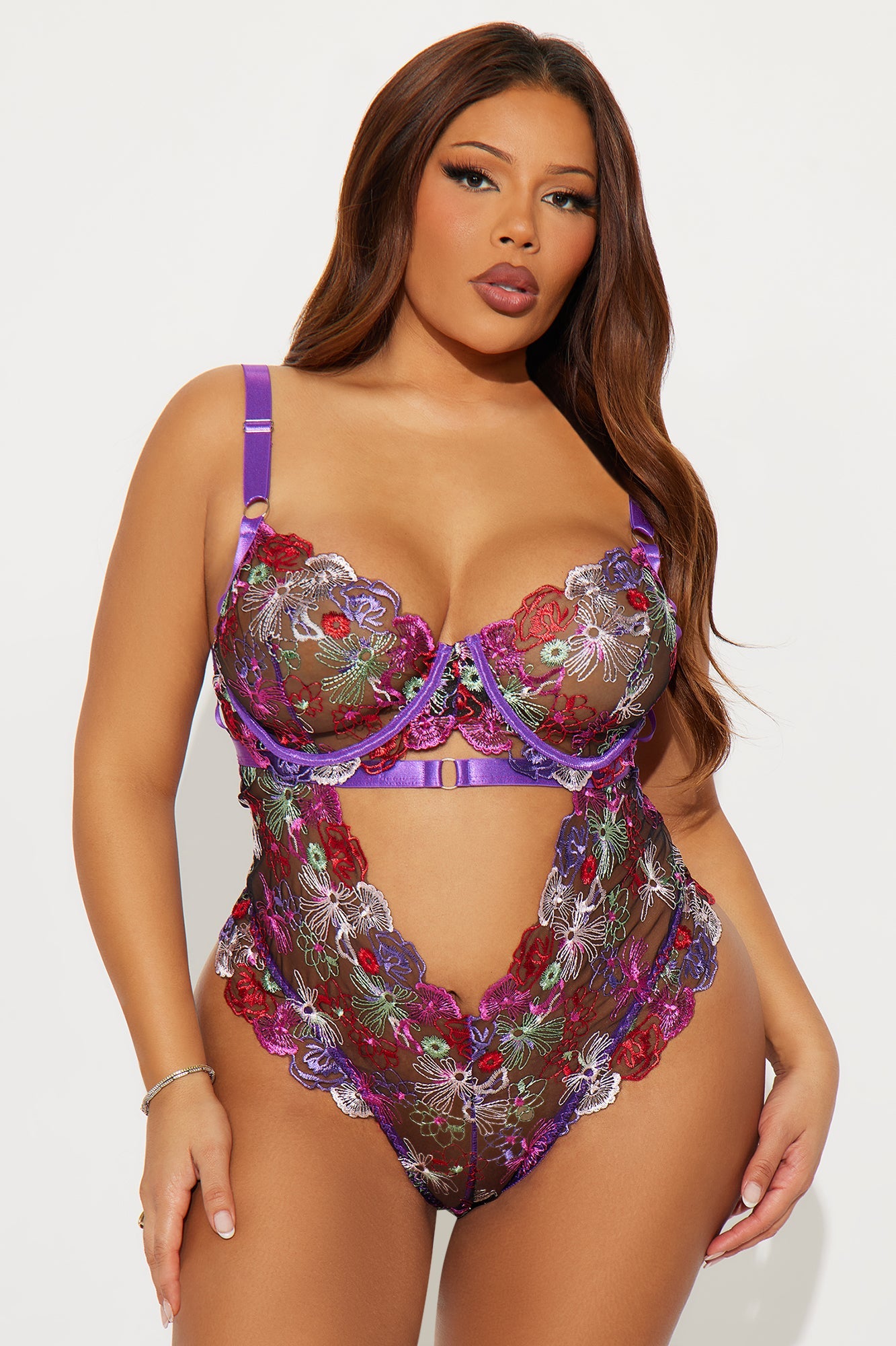 Yours Truly Embroidered Mesh Thong Teddy - Purple/combo