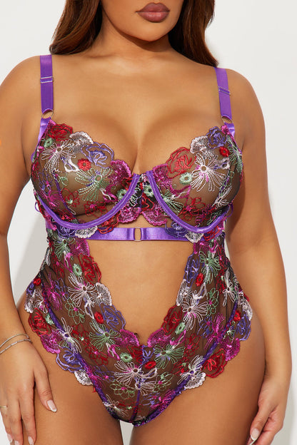 Yours Truly Embroidered Mesh Thong Teddy - Purple/combo