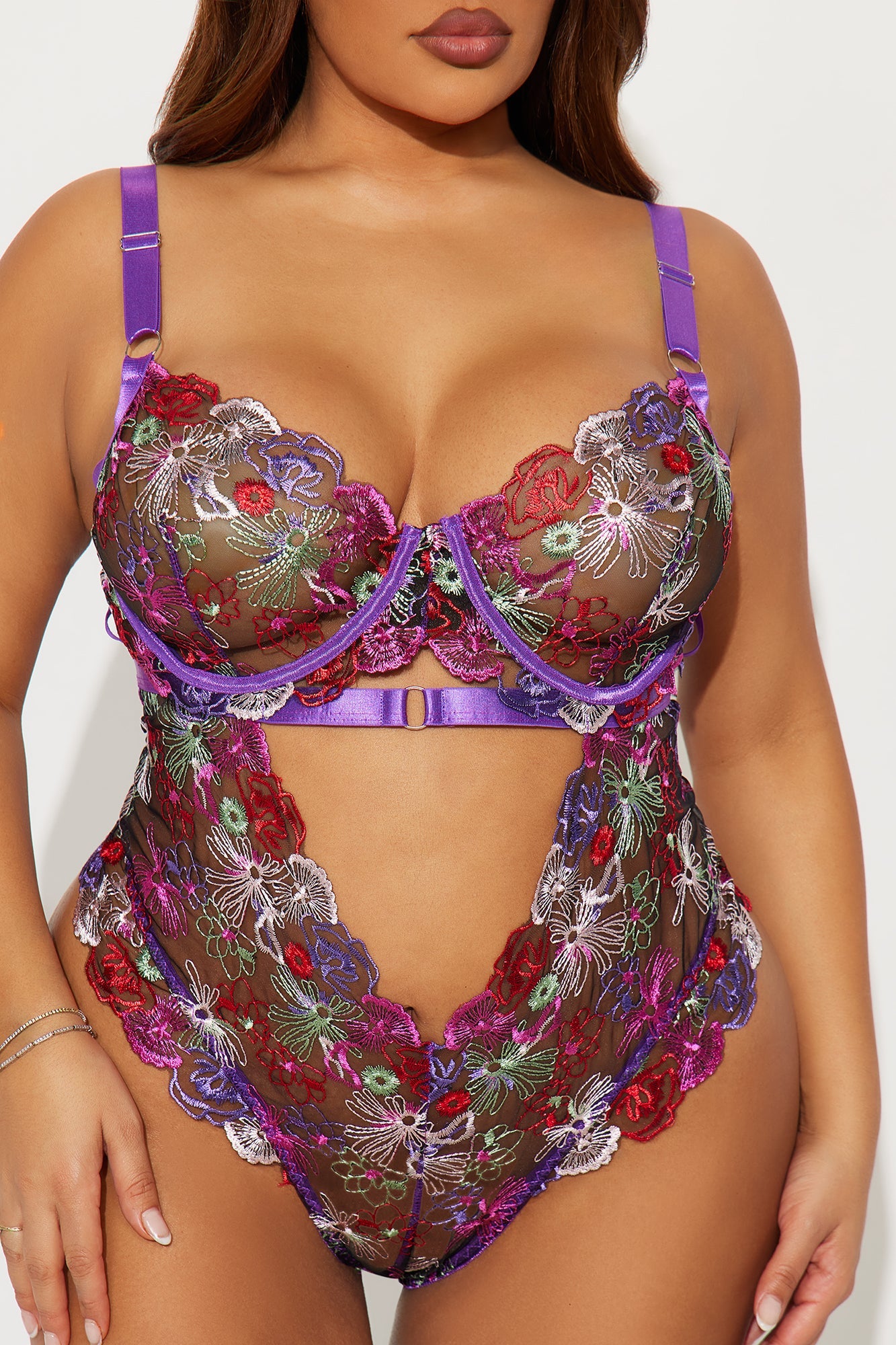 Yours Truly Embroidered Mesh Thong Teddy - Purple/combo