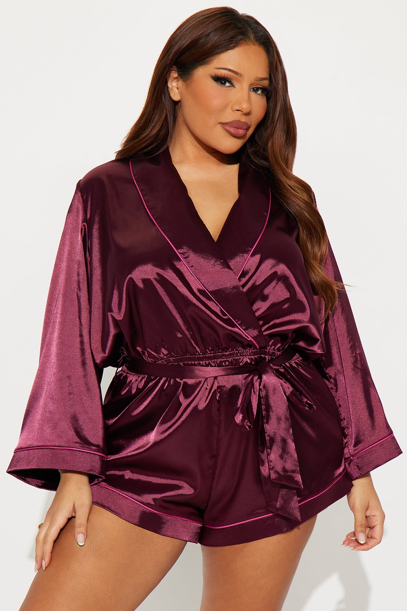 Sunday Morning Satin Sleep Romper - Wine