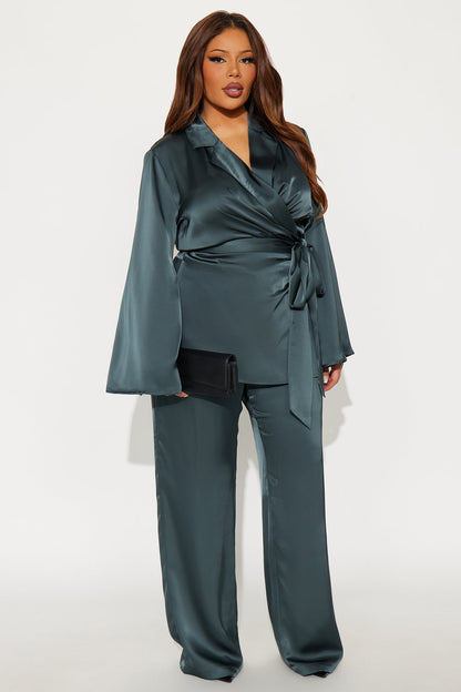 Margot Satin Wrap Shirt And Pant Set - Teal