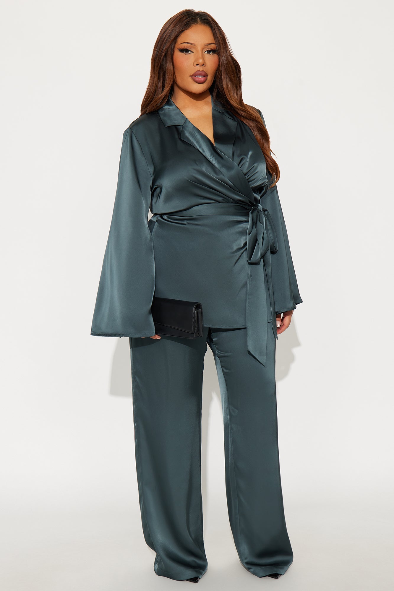 Margot Satin Wrap Shirt And Pant Set - Teal