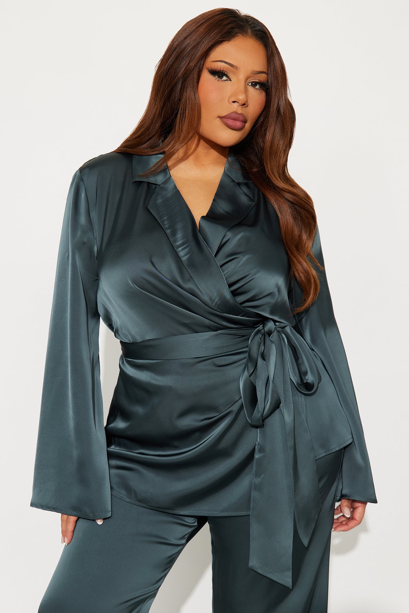 Margot Satin Wrap Shirt And Pant Set - Teal