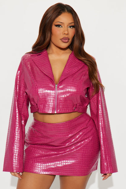Tara Croc Faux Leather Moto Jacket - Magenta