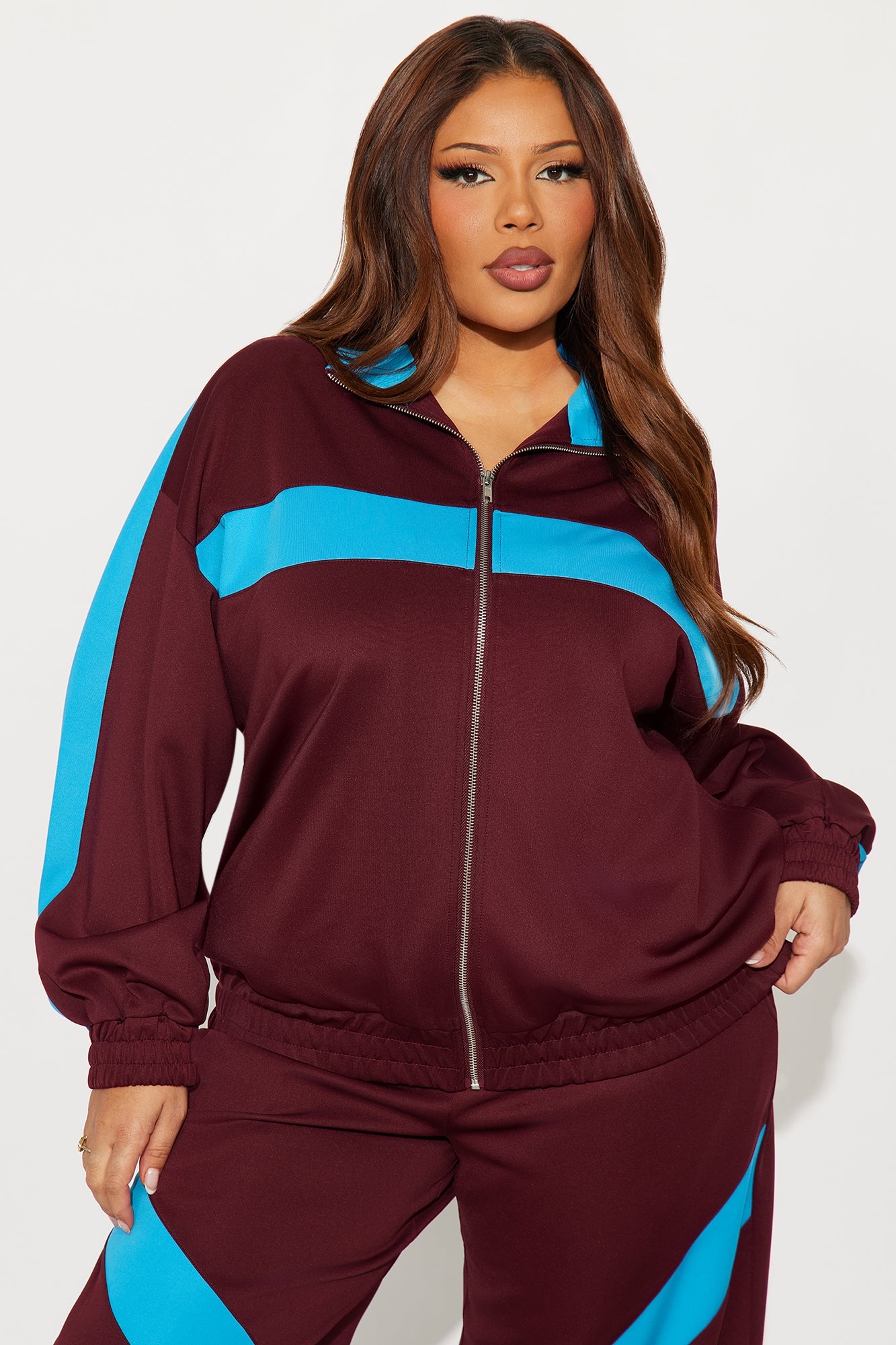 Varsity Pulse Zip Front Jacket Sporty Set - Burgundy/combo