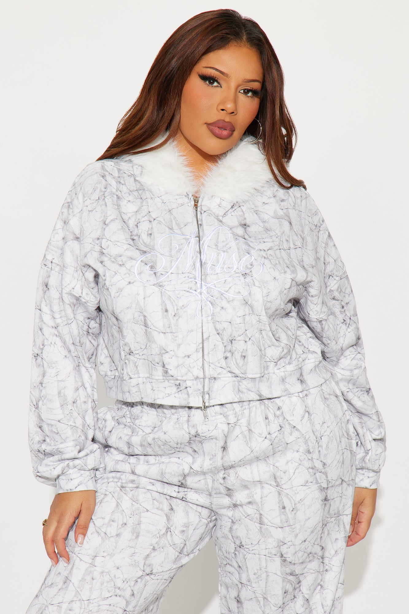 Lina Fur Trim Hoodie Pant Set - Off White
