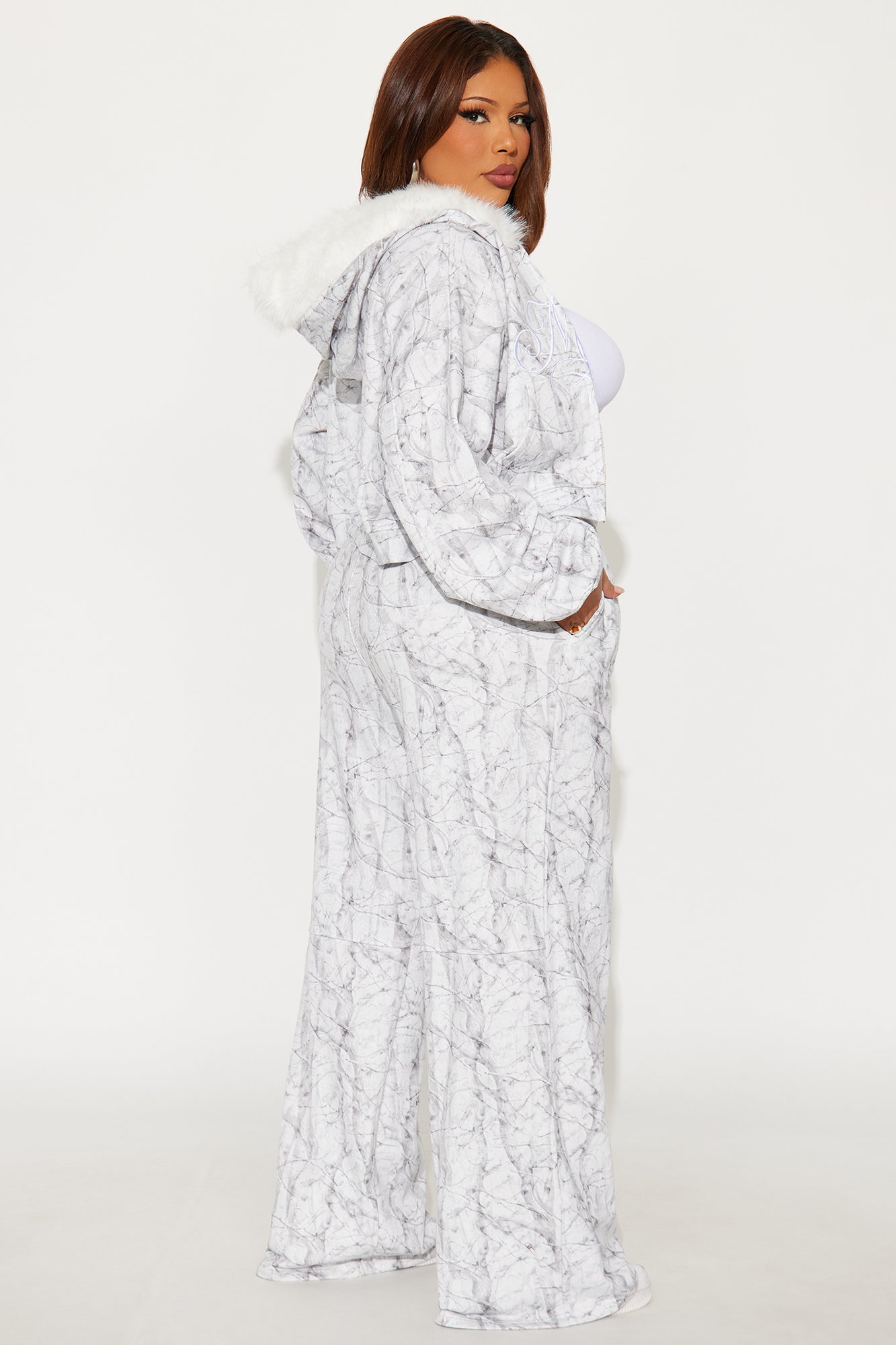 Lina Fur Trim Hoodie Pant Set - Off White