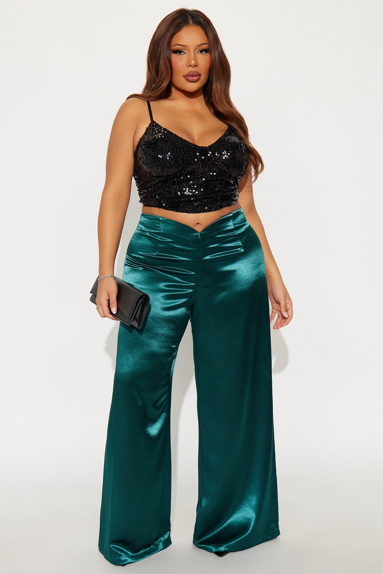 Sweet Serenade Satin Wide Leg V Front Pant 33 - Teal