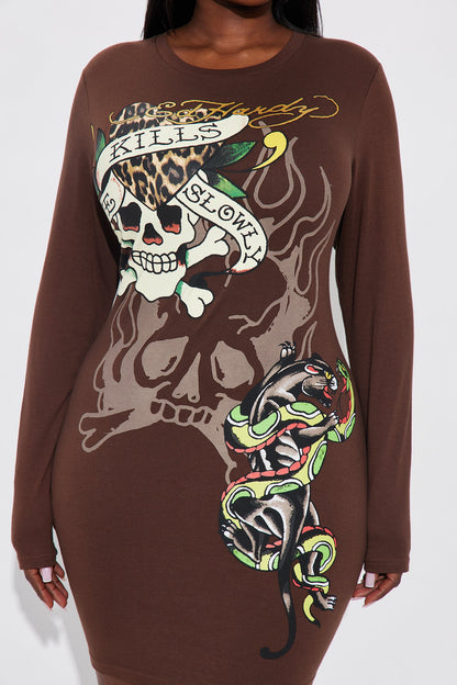 Ed Hardy Love Kills Slowly Skull Long Sleeve Mini Dress - Chocolate