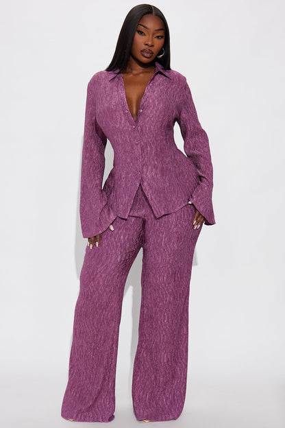 Leah Plisse Pant Set - Plum
