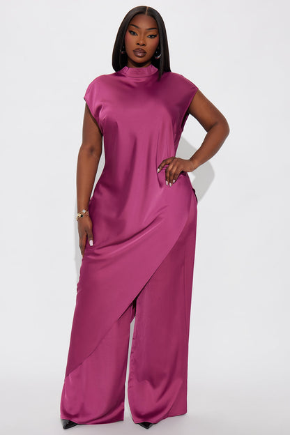 Camille Asymmetrical Satin Pant Set - Plum
