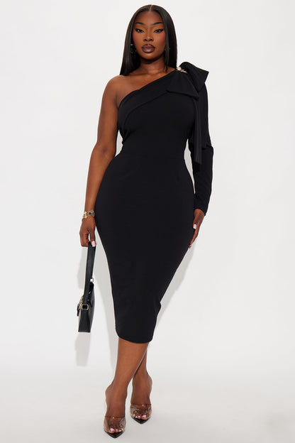 Taya One Shoulder Bow Midi Dress - Black