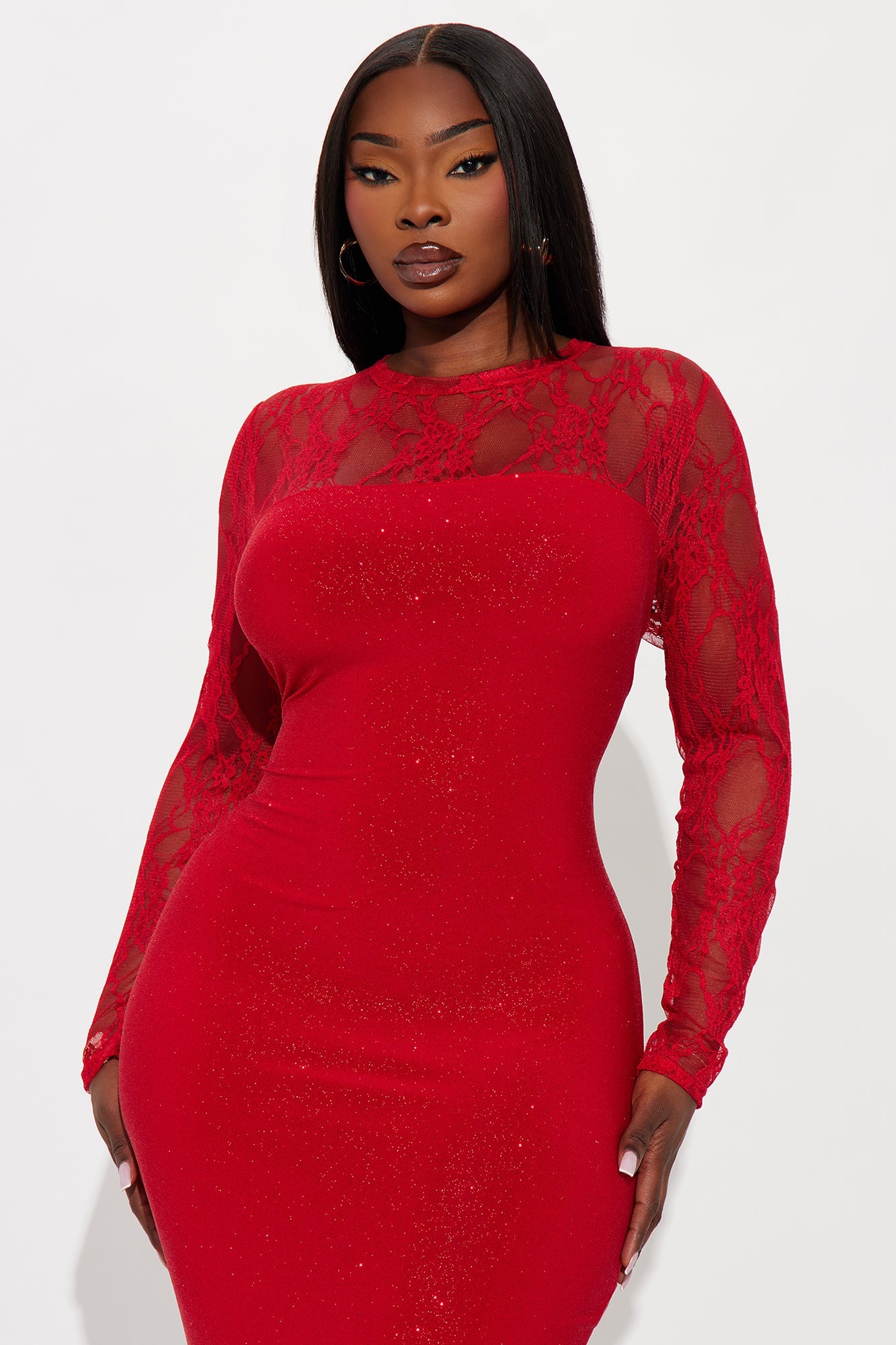 Miranda Long Sleeve Glitter Midi Dress - Red