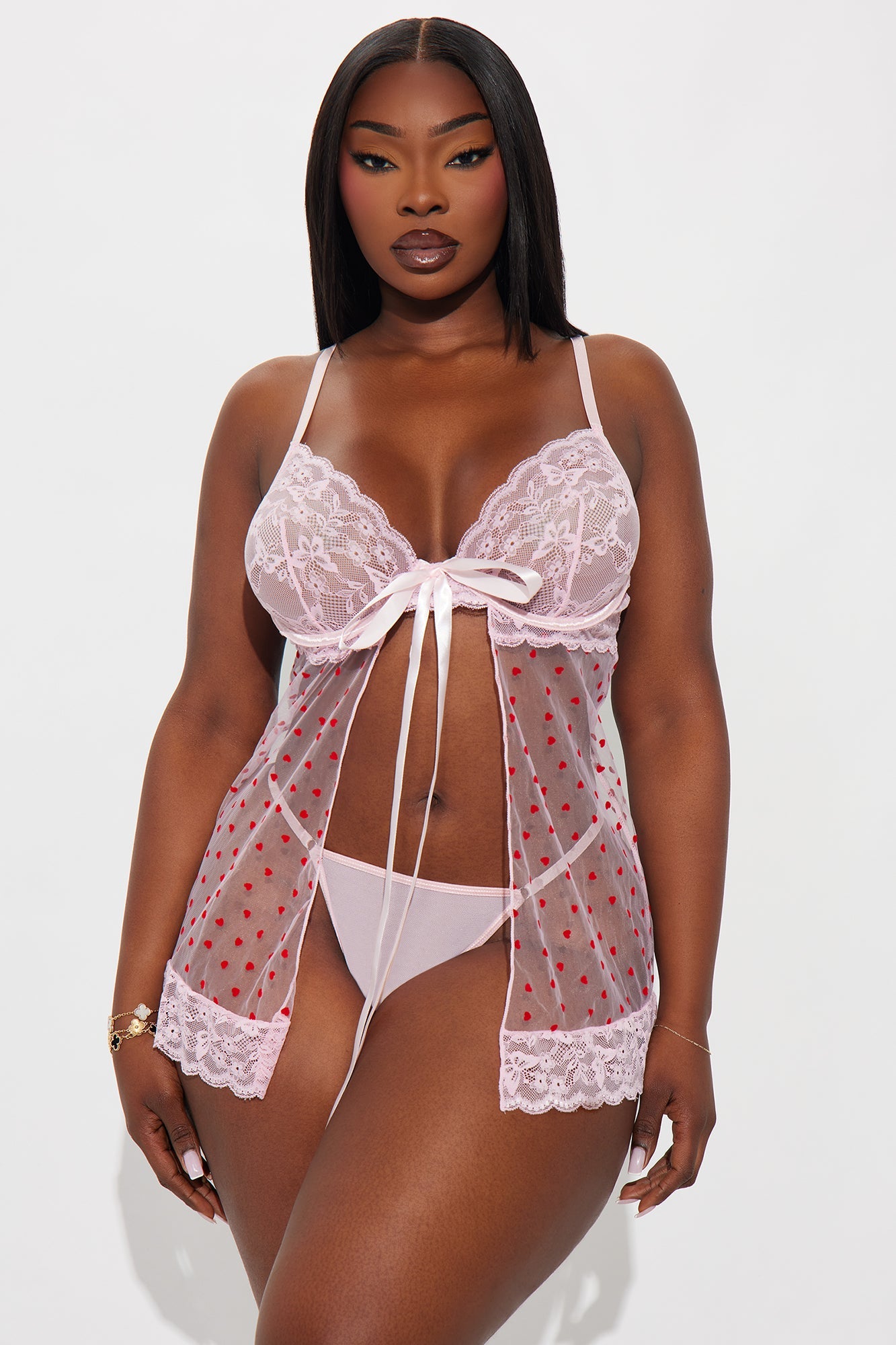 Faye Mesh Lace Babydoll and Thong - Pink