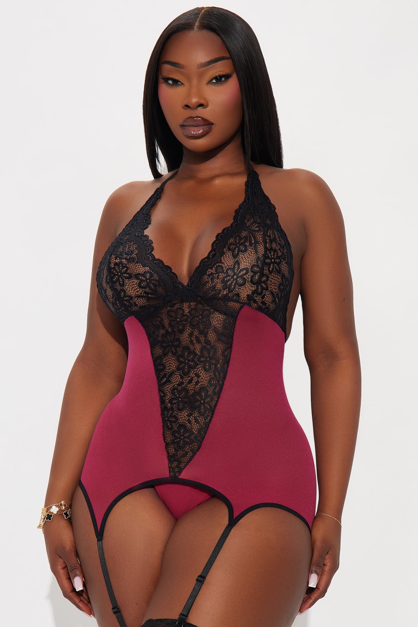 Touch And Go Stretch Lace Bodystocking With Garter Straps - Fuchsia/combo