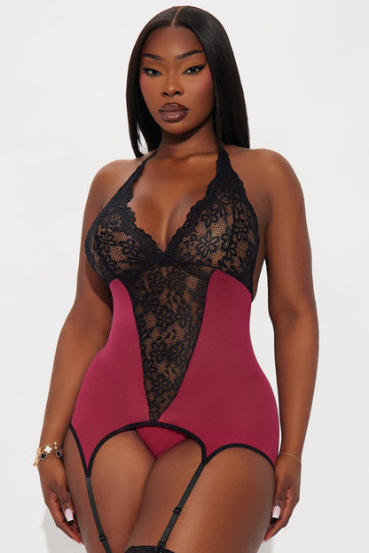 Touch And Go Stretch Lace Bodystocking With Garter Straps - Fuchsia/combo